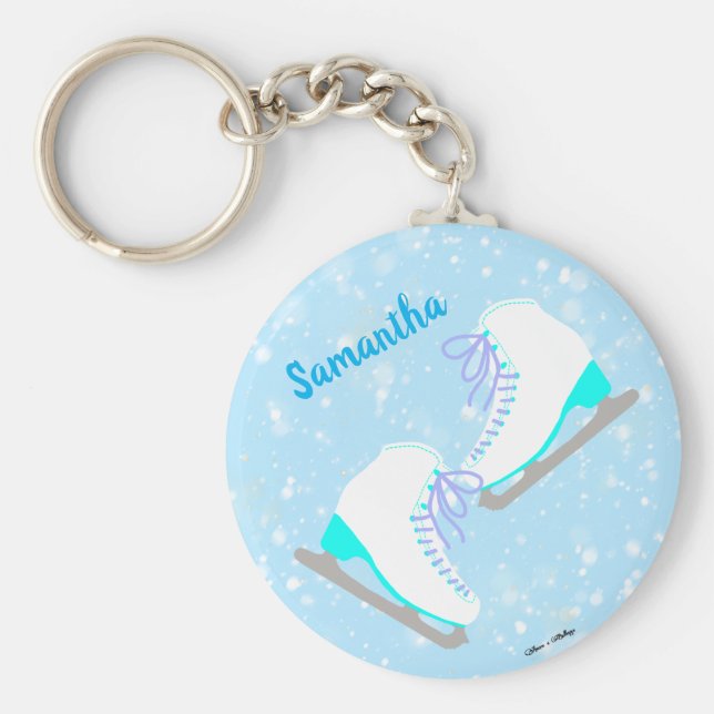 Personalised Blue Ice Skates Cute Kawaii Figure Key Ring (Front)