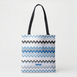 Personalised blue Ikat Chevron Pattern Bridesmaid Tote Bag
