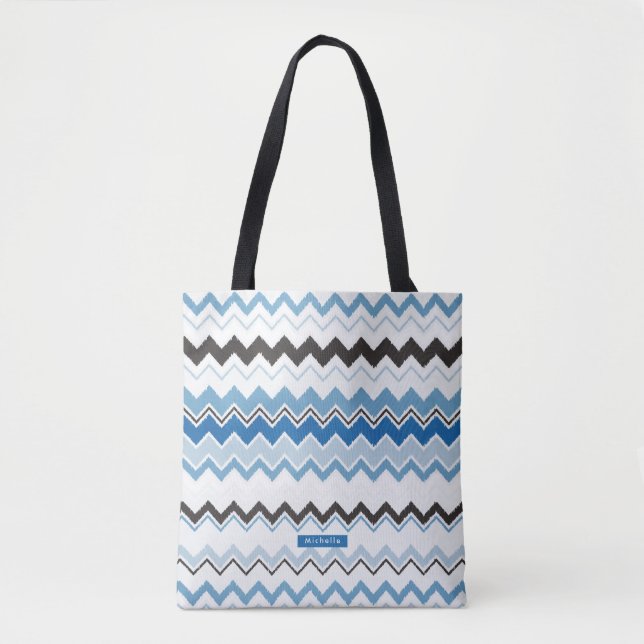 Personalised blue Ikat Chevron Pattern Bridesmaid Tote Bag (Front)