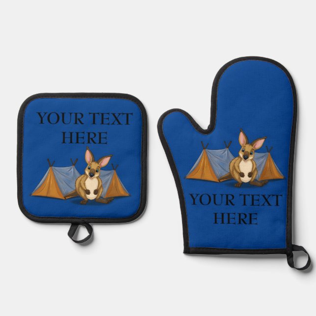Personalised Blue Kangaroo Camping Tent Oven Mitt & Pot Holder Set (Front)