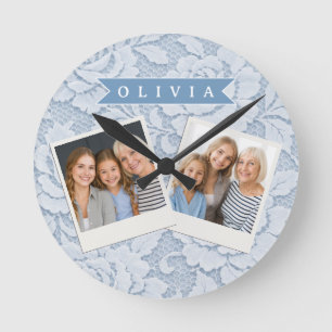Personalised Blue Lace Floral Elegant Romantic Round Clock