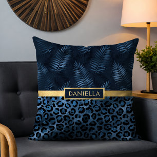 Personalised Blue Leopard Tropical Leaf Name Cushion