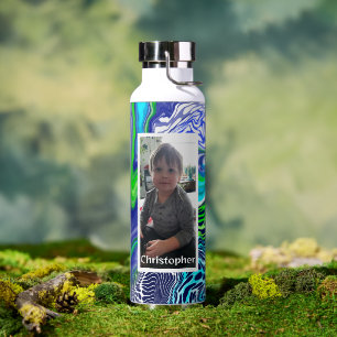 Personalised Blue Lime Green Digital Pour Paint  Water Bottle