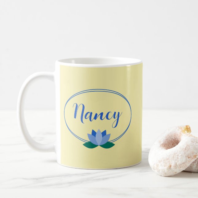 Personalised Blue Lotus Flower Yellow Coffee Mug (With Donut)