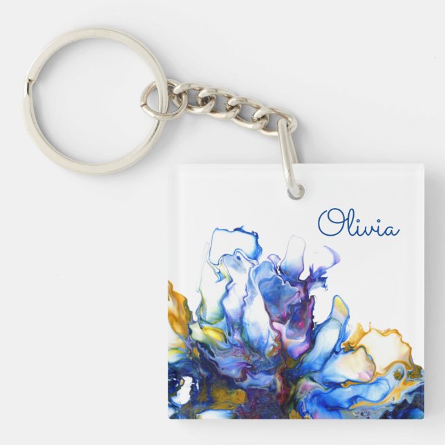 Personalised Blue Marble Agate Fluid Art Name Key Ring (Front)