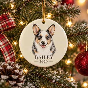 Personalised Blue Merle Corgi Name & Year Ceramic Tree Decoration