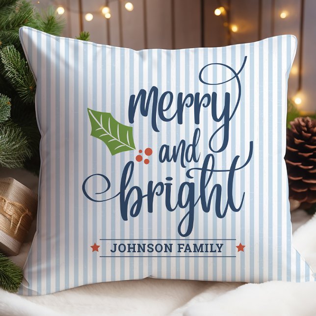 Personalised Blue Merry and Bright Christmas Cushion (Creator Uploaded)