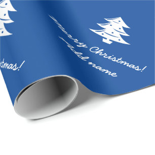 Personalised blue Merry Christmas tree holiday Wrapping Paper