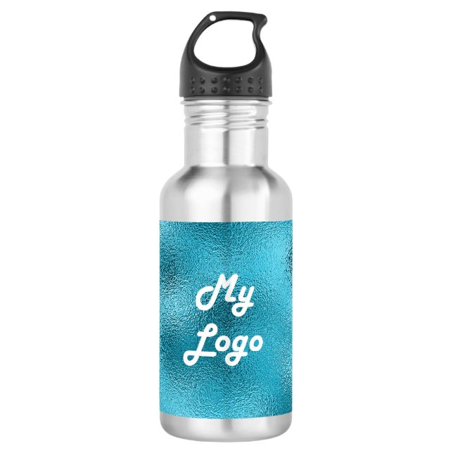 Personalised blue metallic business company logo 532 ml water bottle (Front)