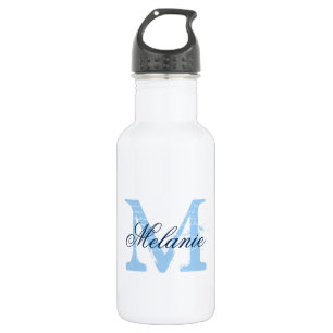 Personalised blue monogram wedding water bottles