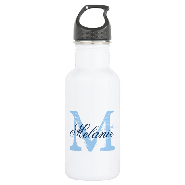 Personalised blue monogram wedding water bottles (Front)