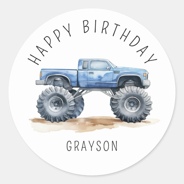 Personalised Blue Monster Truck Birthday Gift Classic Round Sticker (Front)
