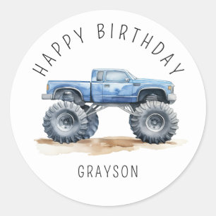 Personalised Blue Monster Truck Birthday Gift Classic Round Sticker