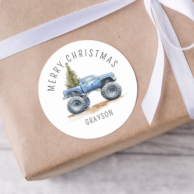 Personalised Blue Monster Truck Christmas Gift Classic Round Sticker (Creator Uploaded)