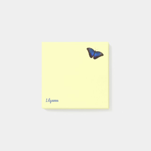 Personalised Blue Morpho Butterfly on Pale Yellow Post-it Notes (Front)