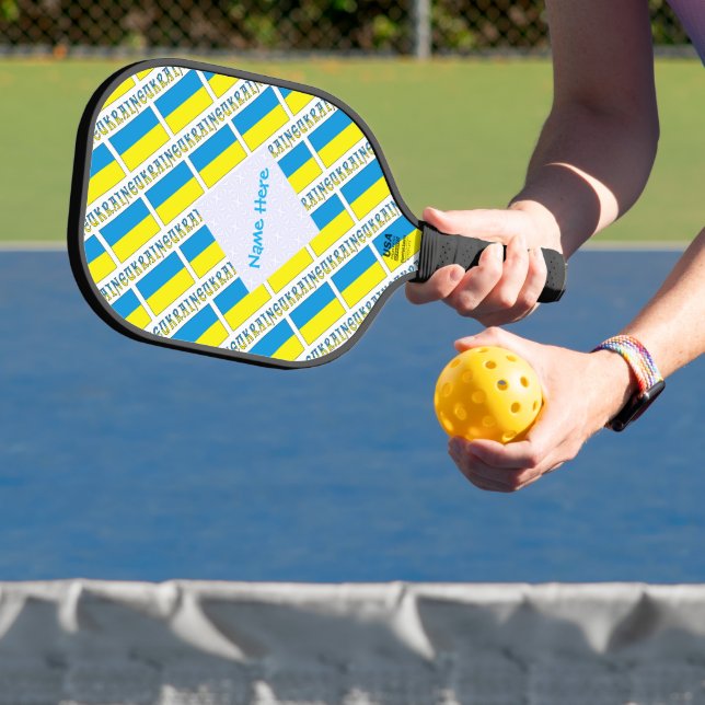 Personalised Blue Name Ukraine Flag Tiled Pickleball Paddle (Insitu)
