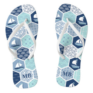 Personalised Blue Nautical Sailboat Monogram Flip Flops