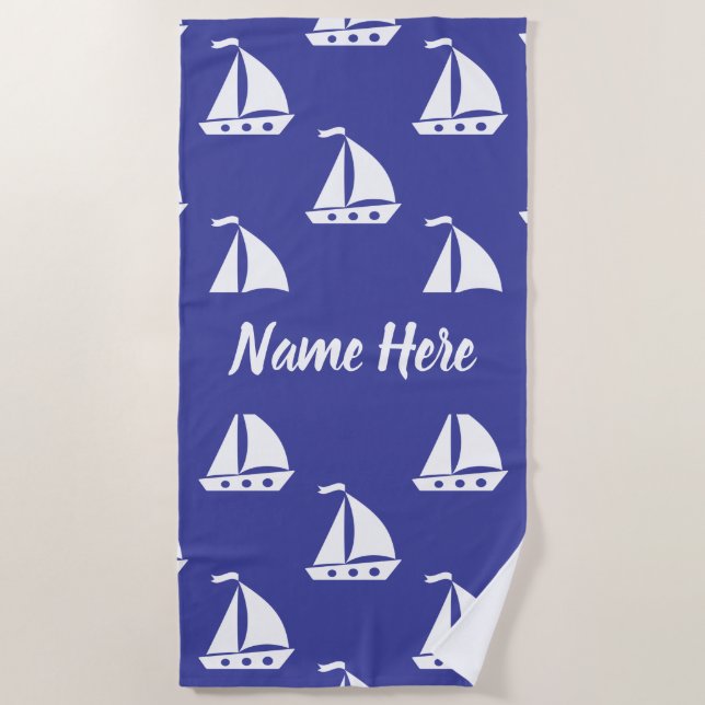 Personalised blue nautical with custom name beach towel (Front)