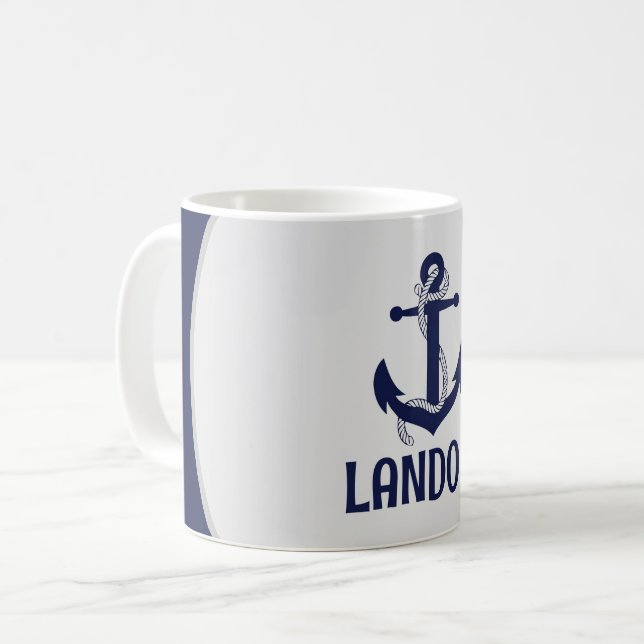 Personalised blue navy nautical marine anchor coffee mug (Front Left)