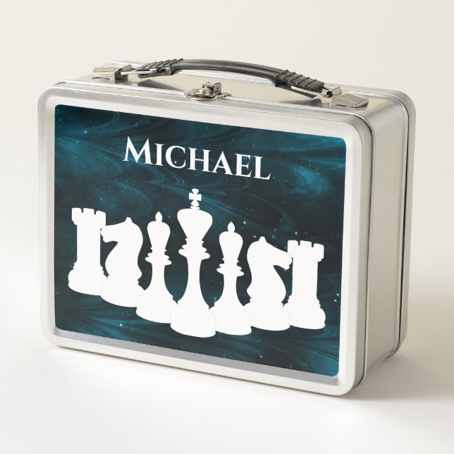 Personalised Blue Nebula Chess Piece King Metal Lunch Box (Front)