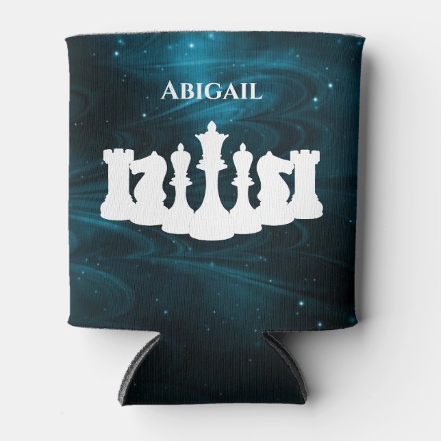 Personalised Blue Nebula Chess Piece Queen Can Cooler (Front)