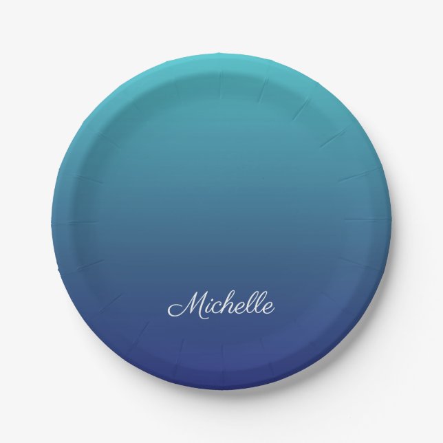 Personalised blue ombre gradient paper plate (Front)
