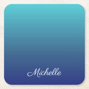 Personalised blue ombre gradient square paper coaster