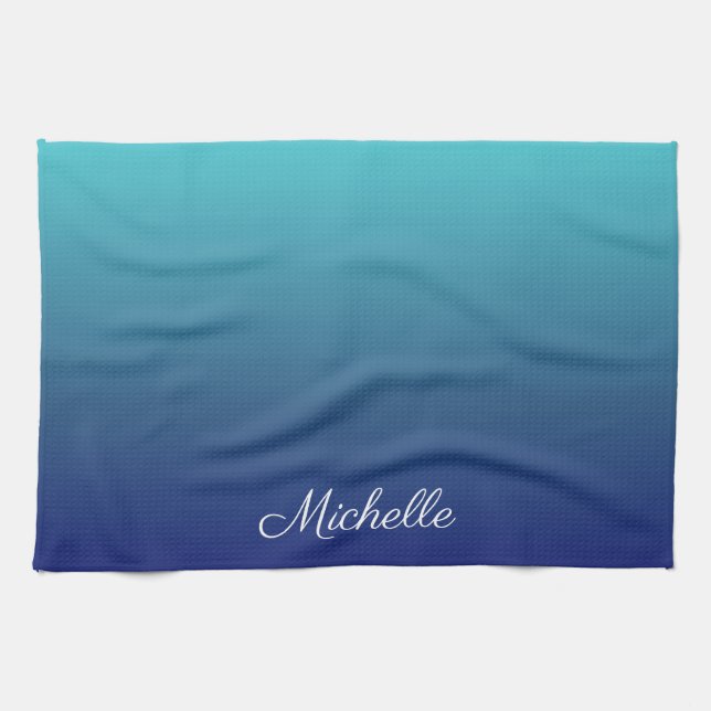 Personalised blue ombre gradient tea towel (Horizontal)