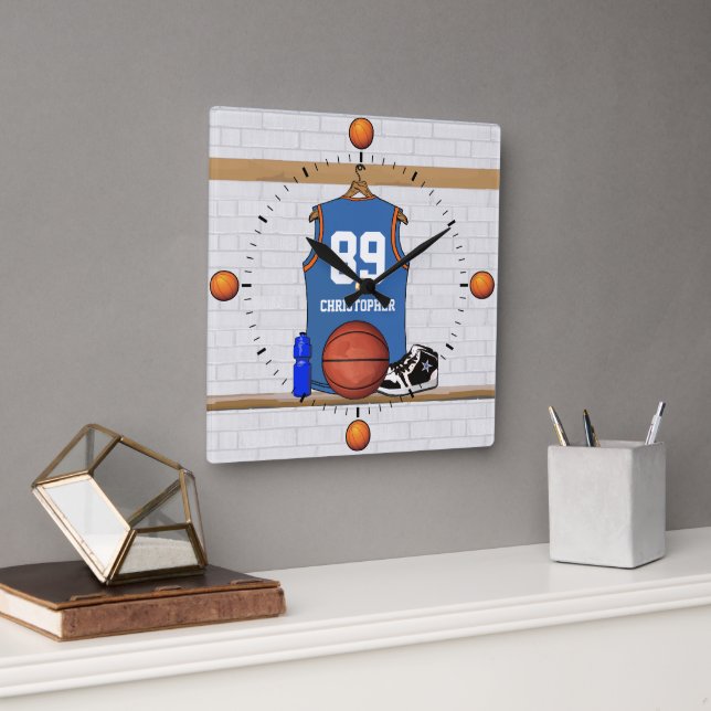 Personalised blue orange  Basketball Jersey wall c Square Wall Clock (Office)