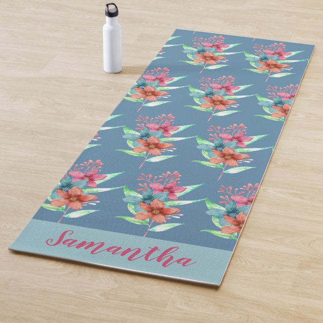 Personalised Blue Orange Pink Floral Yoga Mat (In Situ)