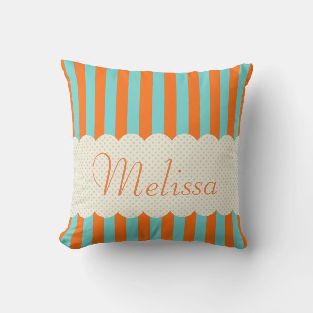 Personalised Blue Orange Stripes Polka Dots Design Cushion (Front)