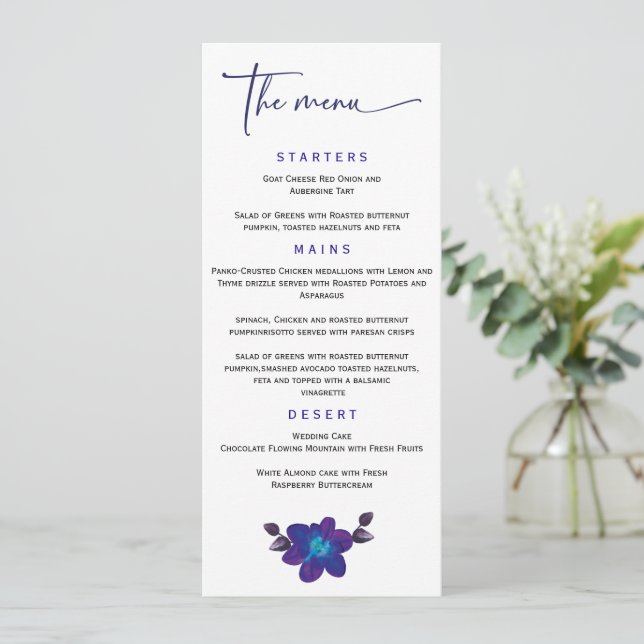 Personalised Blue Orchid Wedding Menu Template (Standing Front)