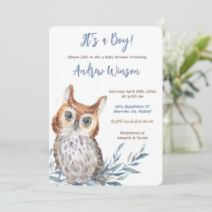 Personalised Blue Owl Baby Shower Invitation