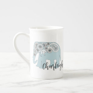 Personalised Blue Paisley Elephant Boho Chic Bone China Mug