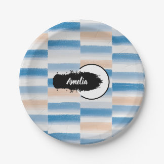 Personalised Blue Peach Watercolor Round  Paper Plate