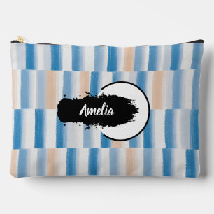 Personalised Blue Peach Watercolor Striped Large Accessory Pouch
