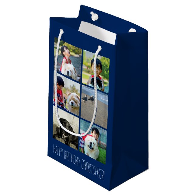 Personalised Blue Photo Mosaic Picture Collage Small Gift Bag (Front Angled)