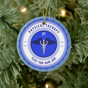 Personalised Blue Physical Therapy Caduceus Ceramic Tree Decoration