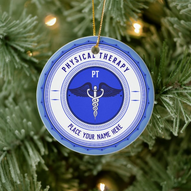 Personalised Blue Physical Therapy Caduceus Ceramic Tree Decoration (Tree)