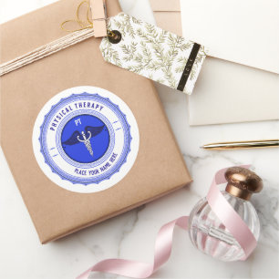 Personalised Blue Physical Therapy Caduceus Classic Round Sticker