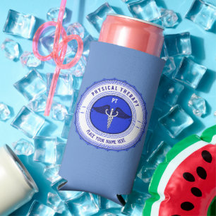 Personalised Blue Physical Therapy Caduceus Seltzer Can Cooler