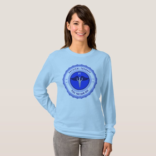 Personalised Blue Physical Therapy Caduceus T-Shirt (Front Full)