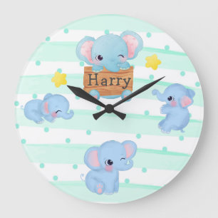Personalised Blue Pink Baby Elephant Nursery Kids Large Clock