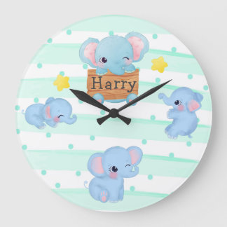 Personalised Blue Pink Baby Elephant Nursery Kids Large Clock
