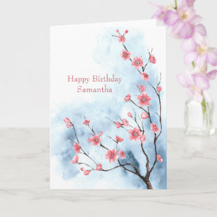 Personalised Blue Pink Floral Tree Watercolor  Card