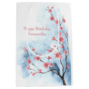 Personalised Blue Pink Floral Tree Watercolor  Medium Gift Bag