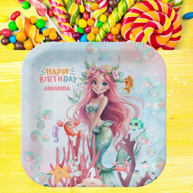 Personalised Blue & Pink Mermaid Birthday Party Paper Plate (Personalized Watercolor Mermaid Party Paper Plates – Pink & Blue Under the Sea Birthday Decor)
