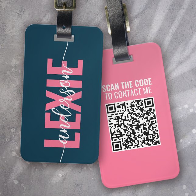 Personalised Blue Pink Monogram QR Code Luggage Tag (Creator Uploaded)