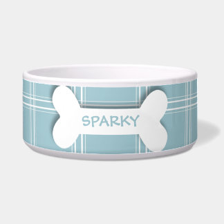 Personalised blue plaid dog bone pet food bowl
