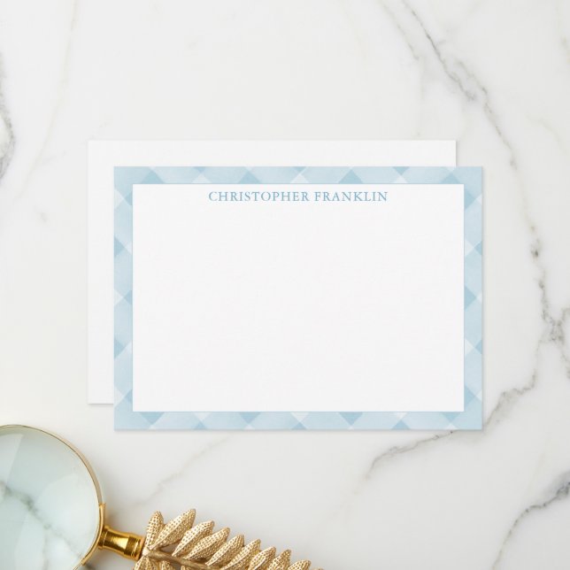 Personalised Blue Plaid New Baby Stationery Thank You Card (Front/Back In Situ)